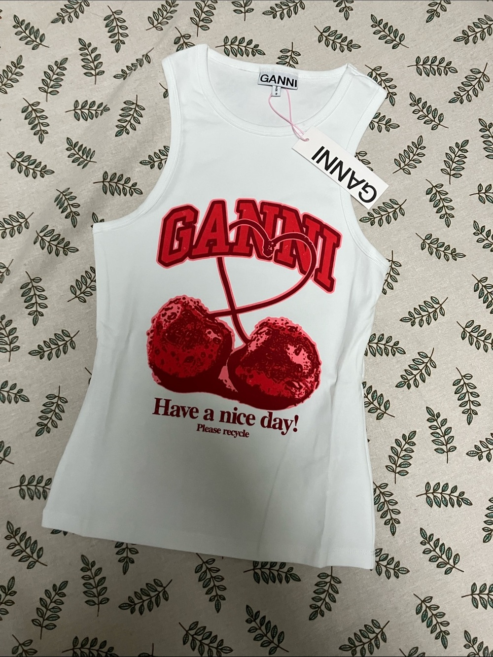 Ganni White Tank Top with Red Cherry heart Graphic print sleeveless Tee